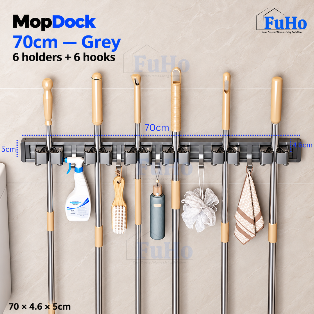 Fuho MopDock Wall-Mounted Broom & Mop Holder (2, 4 or 6 Slots)