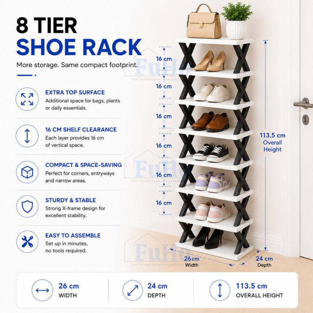 FuHo CornerStack Vertical Shoe Rack | 3/5/8 Tier Stackable Space Saving Shoe Organizer | Storage Rack | (HL0355)