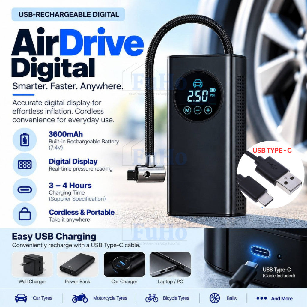 Fuho AirDrive Portable Tyre Pump for Car, Bicycle & Balls