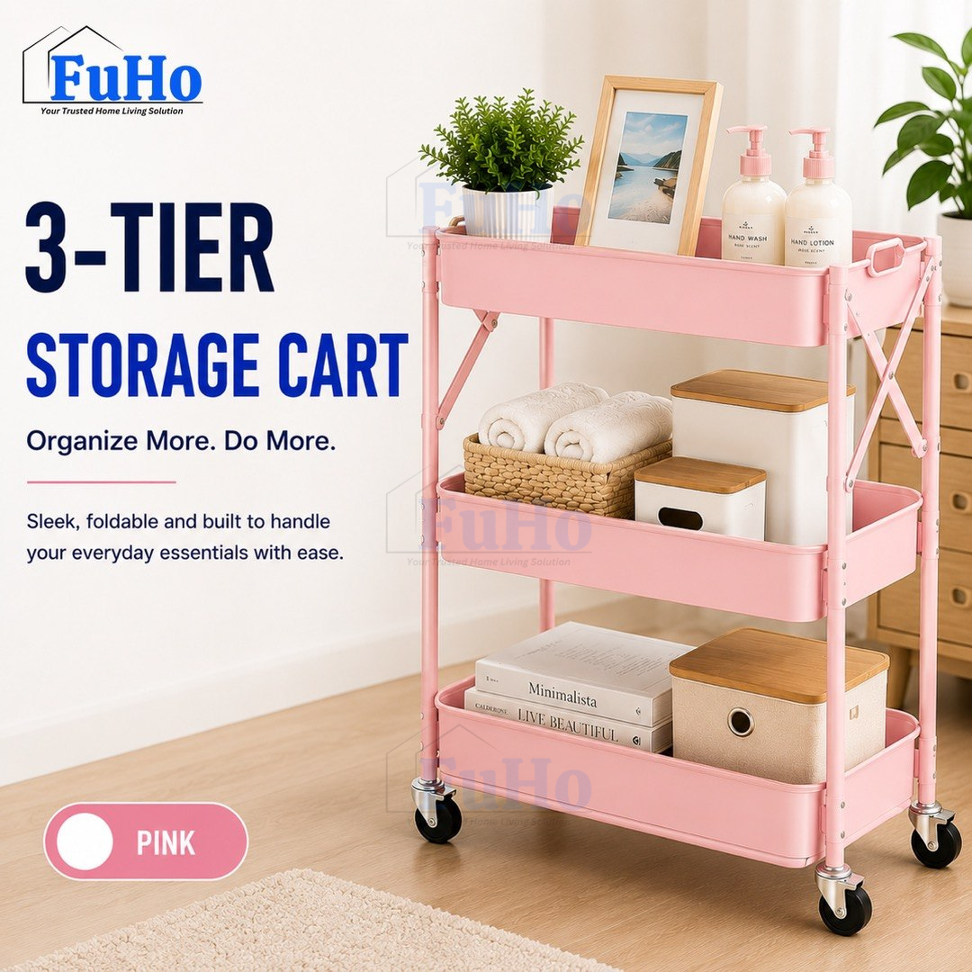 🇸🇬READY STOCK🇸🇬 FuHo Kitchen Foldable Storage Trolley Rack | 3 Level Storage Trolley | Kitchen Racks (HL0225)