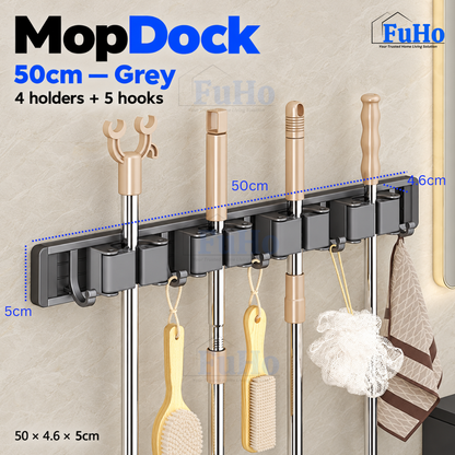 Fuho MopDock Wall-Mounted Broom & Mop Holder (2, 4 or 6 Slots)