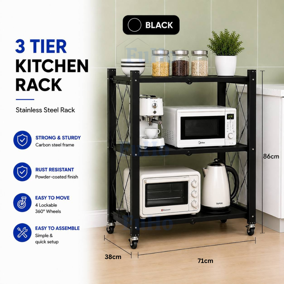🇸🇬READY STOCK🇸🇬 FuHo Foldable Kitchen Storage Rack With Wheels | Kitchen Shelves | Kitchen Cabinet (KIT0062)
