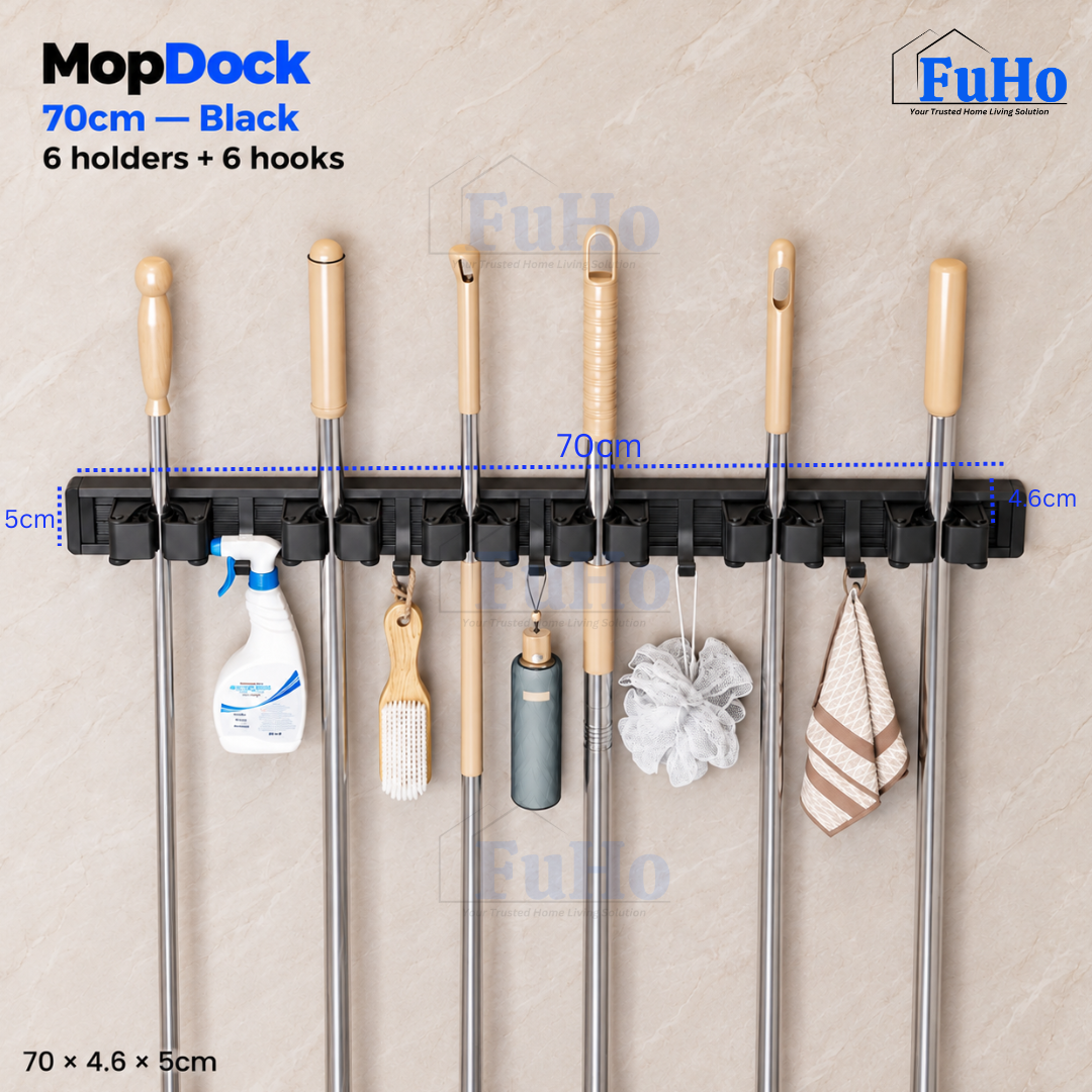 Fuho MopDock Wall-Mounted Broom & Mop Holder (2, 4 or 6 Slots)