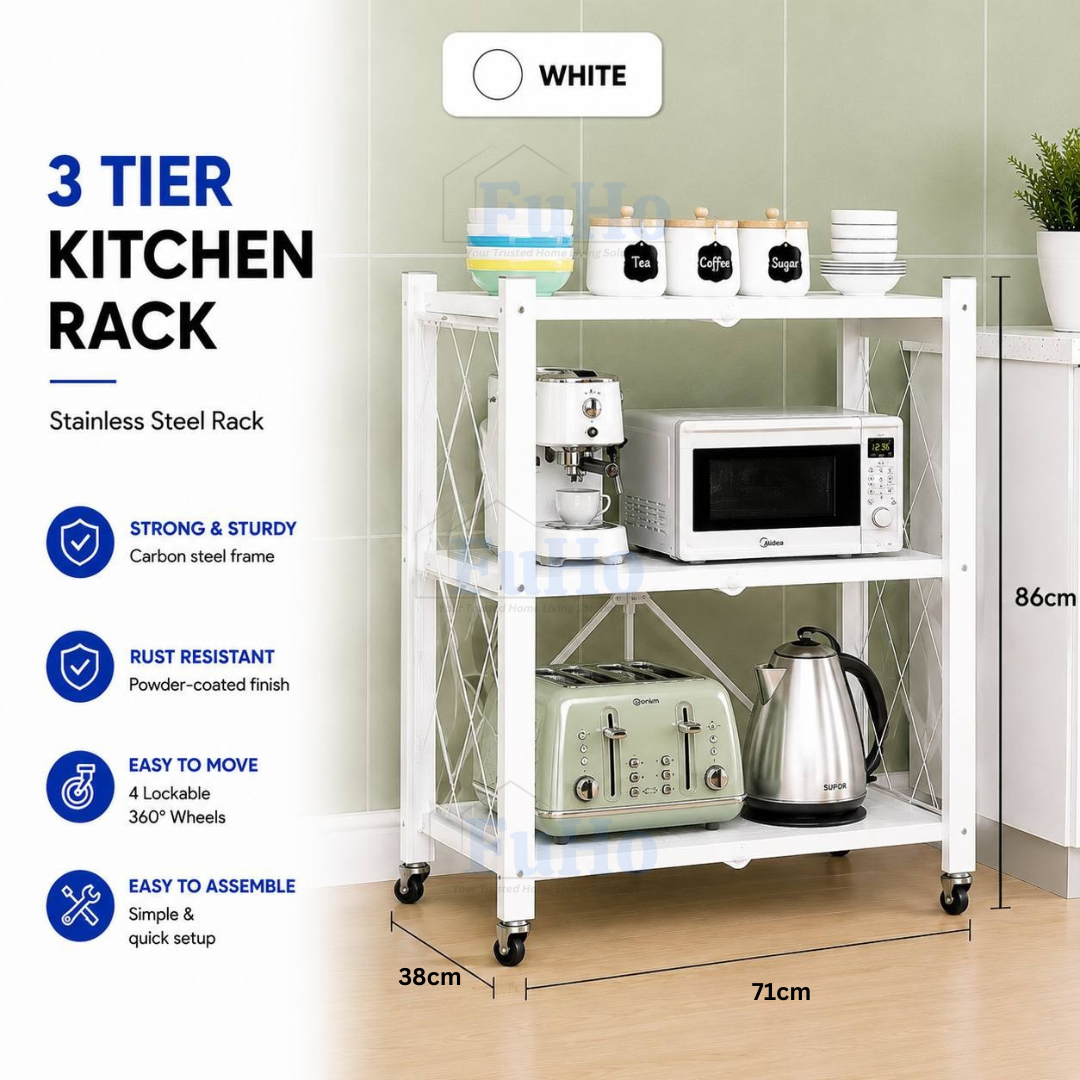 🇸🇬READY STOCK🇸🇬 FuHo Foldable Kitchen Storage Rack With Wheels | Kitchen Shelves | Kitchen Cabinet (KIT0062)