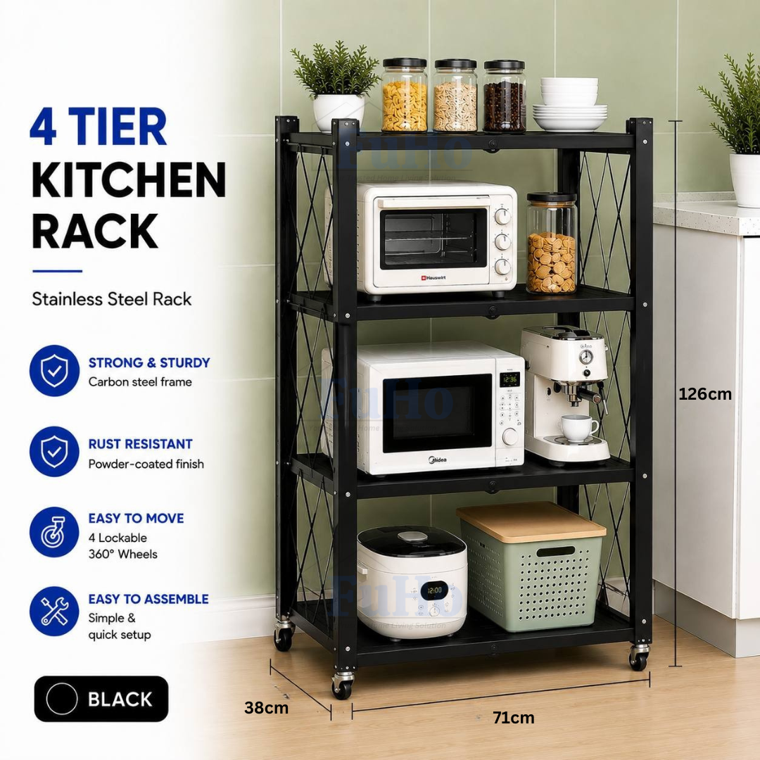 🇸🇬READY STOCK🇸🇬 FuHo Foldable Kitchen Storage Rack With Wheels | Kitchen Shelves | Kitchen Cabinet (KIT0062)