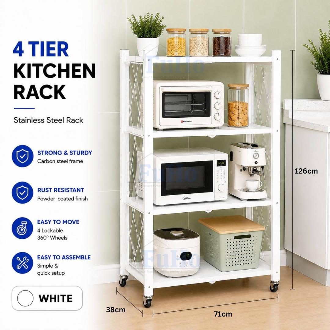 🇸🇬READY STOCK🇸🇬 FuHo Foldable Kitchen Storage Rack With Wheels | Kitchen Shelves | Kitchen Cabinet (KIT0062)