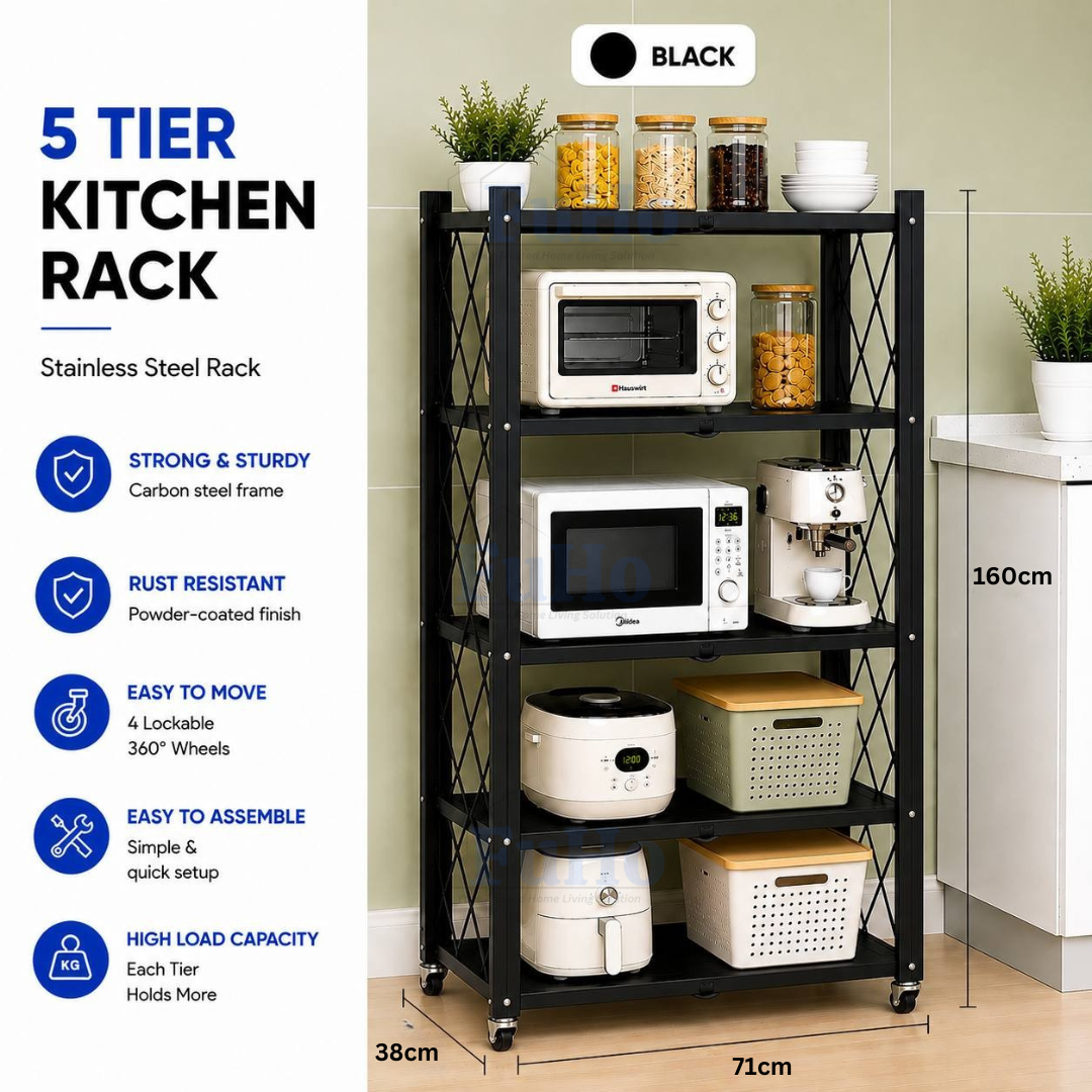 🇸🇬READY STOCK🇸🇬 FuHo Foldable Kitchen Storage Rack With Wheels | Kitchen Shelves | Kitchen Cabinet (KIT0062)