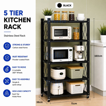 Fuho Rolling Kitchen Storage Rack with Adjustable Shelves (2 to 5 Tier)