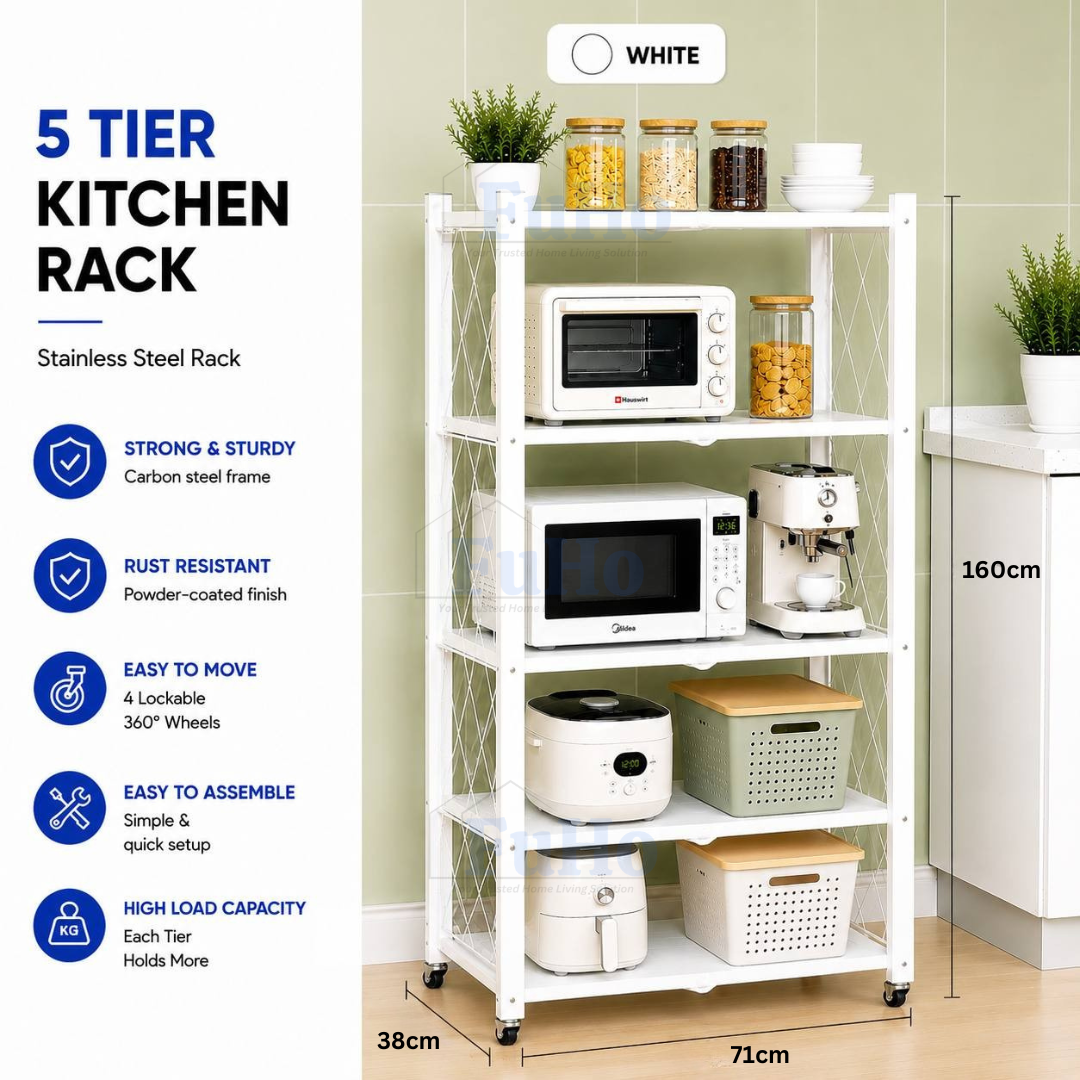 🇸🇬READY STOCK🇸🇬 FuHo Foldable Kitchen Storage Rack With Wheels | Kitchen Shelves | Kitchen Cabinet (KIT0062)