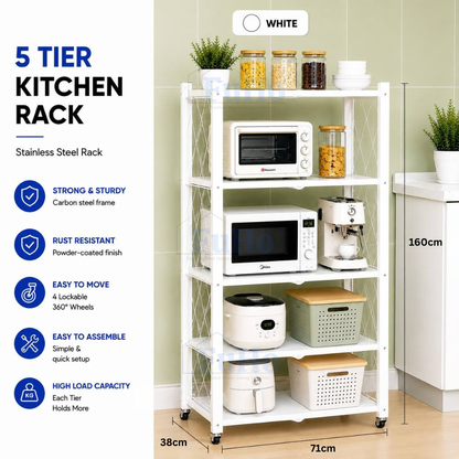 Fuho Rolling Kitchen Storage Rack with Adjustable Shelves (2 to 5 Tier)