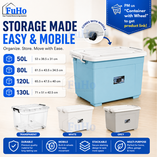 Fuho RollaBox Transparent Storage Box With Wheel | Plastic Container | Stackable Box | Storage Box (HL0005)