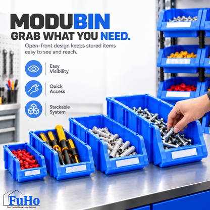 Fuho ModuBin Stackable Open-Front Storage Bin, Heavy-Duty Plastic