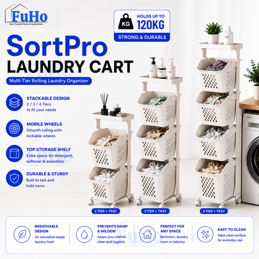 FuHo SortPro Laundry Cart | Collapsible Storage Trolley | Clothes Rack | Clothes Trolley | Laundry Basket (TL0055)