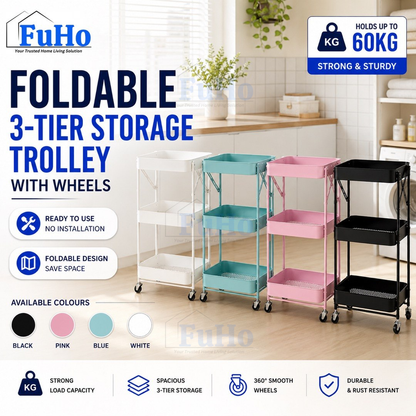 🇸🇬READY STOCK🇸🇬 FuHo Kitchen Foldable Storage Trolley Rack | 3 Level Storage Trolley | Kitchen Racks (HL0225)