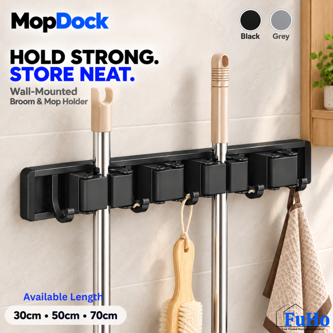 Fuho MopDock Wall-Mounted Broom & Mop Holder (2, 4 or 6 Slots)