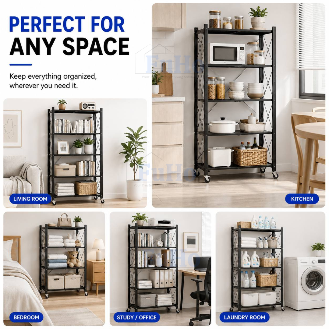 🇸🇬READY STOCK🇸🇬 FuHo Foldable Kitchen Storage Rack With Wheels | Kitchen Shelves | Kitchen Cabinet (KIT0062)
