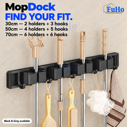 Fuho MopDock Wall-Mounted Broom & Mop Holder (2, 4 or 6 Slots)