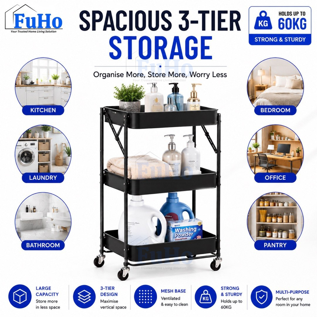 🇸🇬READY STOCK🇸🇬 FuHo Kitchen Foldable Storage Trolley Rack | 3 Level Storage Trolley | Kitchen Racks (HL0225)