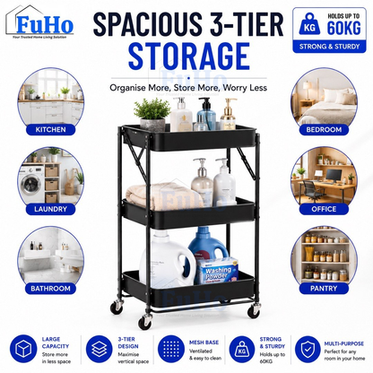 🇸🇬READY STOCK🇸🇬 FuHo Kitchen Foldable Storage Trolley Rack | 3 Level Storage Trolley | Kitchen Racks (HL0225)