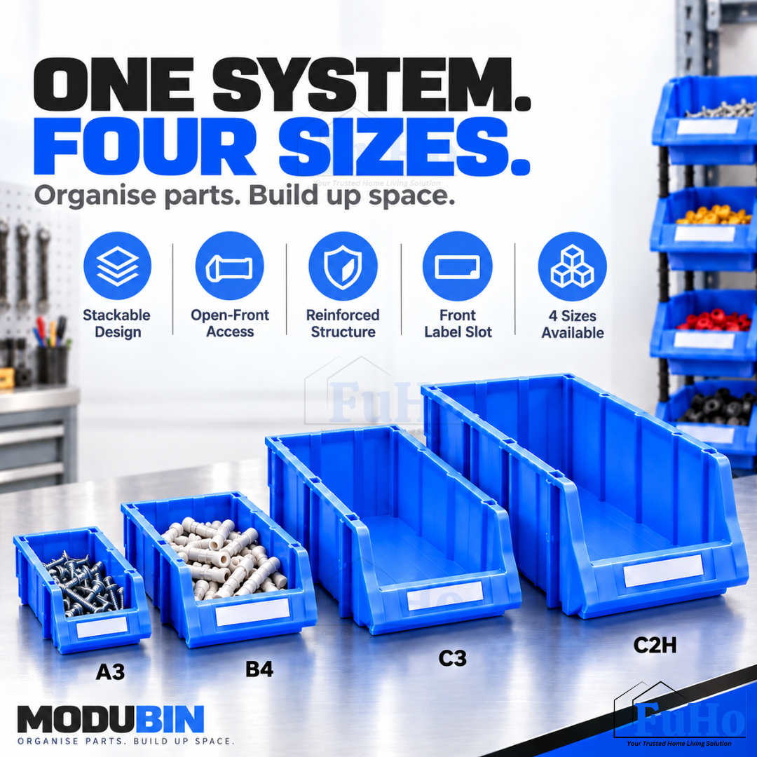 Fuho ModuBin Stackable Open-Front Storage Bin, Heavy-Duty Plastic