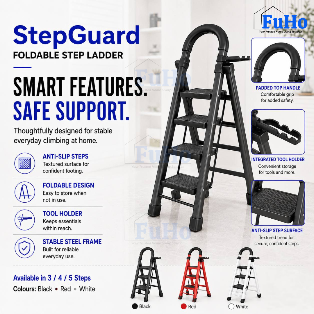 Fuho StepGuard Foldable Step Ladder with Handrail (3, 4, 5 Steps)