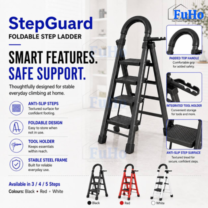 Fuho StepGuard Foldable Step Ladder with Handrail (3, 4, 5 Steps)
