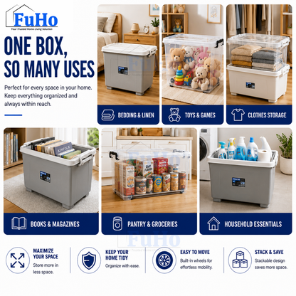 Fuho Transparent Storage Box With Wheel | Plastic Container | Stackable Box | Storage Box (HL0005)