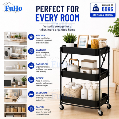 🇸🇬READY STOCK🇸🇬 FuHo Kitchen Foldable Storage Trolley Rack | 3 Level Storage Trolley | Kitchen Racks (HL0225)