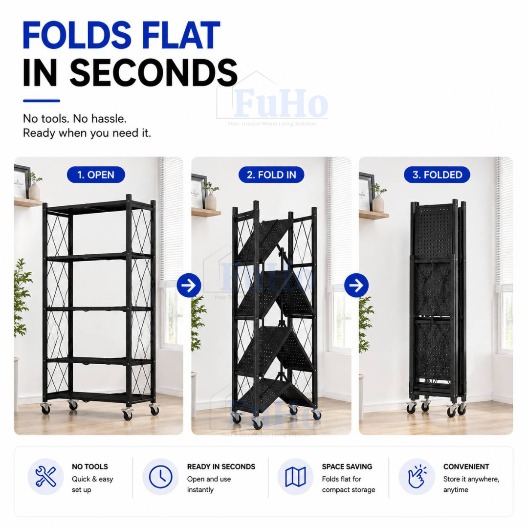 🇸🇬READY STOCK🇸🇬 FuHo Foldable Kitchen Storage Rack With Wheels | Kitchen Shelves | Kitchen Cabinet (KIT0062)