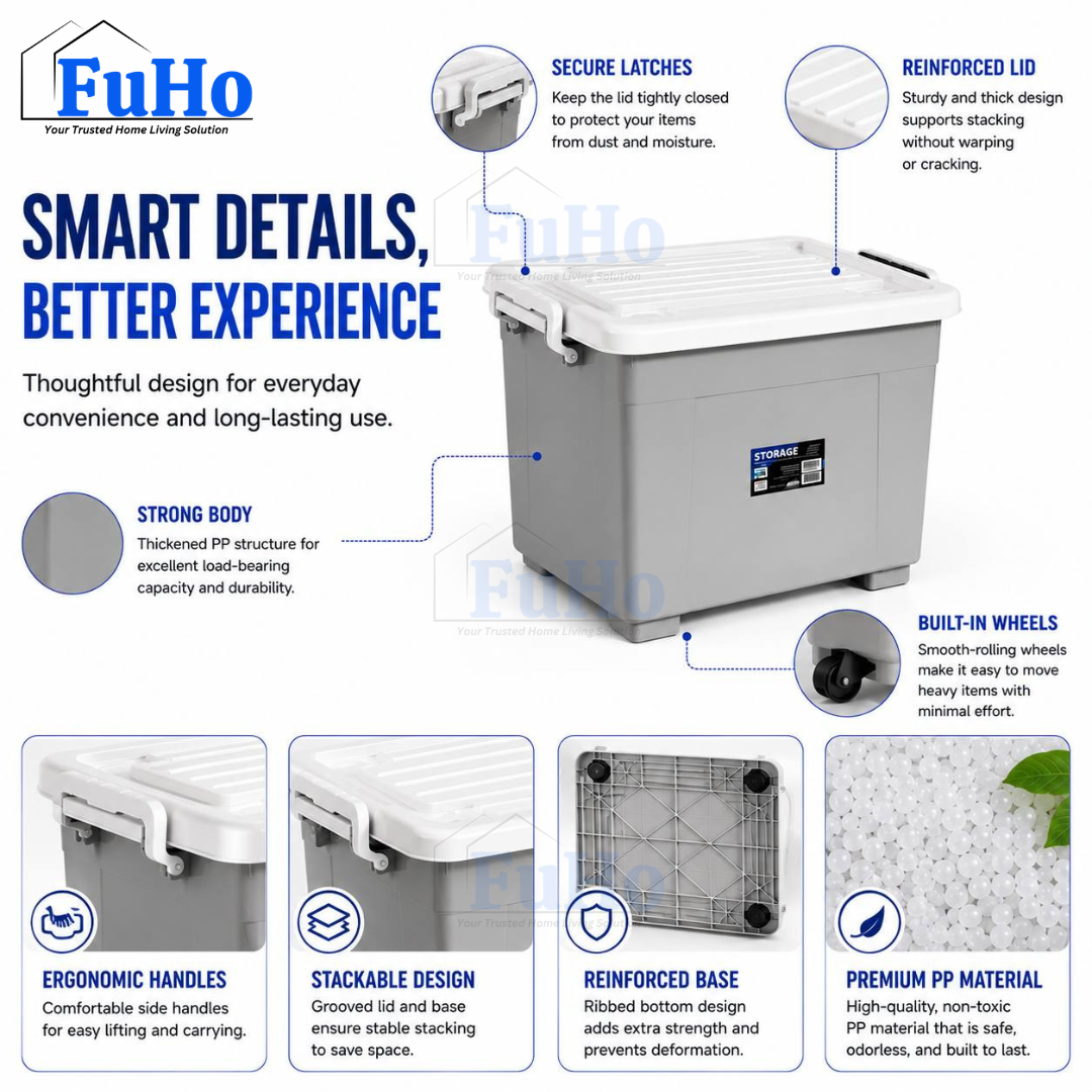 Fuho Transparent Storage Box With Wheel | Plastic Container | Stackable Box | Storage Box (HL0005)