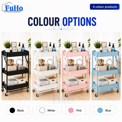 🇸🇬READY STOCK🇸🇬 FuHo Kitchen Foldable Storage Trolley Rack | 3 Level Storage Trolley | Kitchen Racks (HL0225)