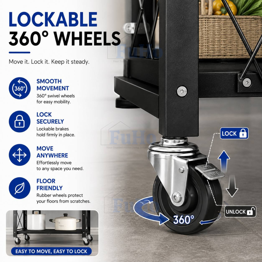 🇸🇬READY STOCK🇸🇬 FuHo Foldable Kitchen Storage Rack With Wheels | Kitchen Shelves | Kitchen Cabinet (KIT0062)