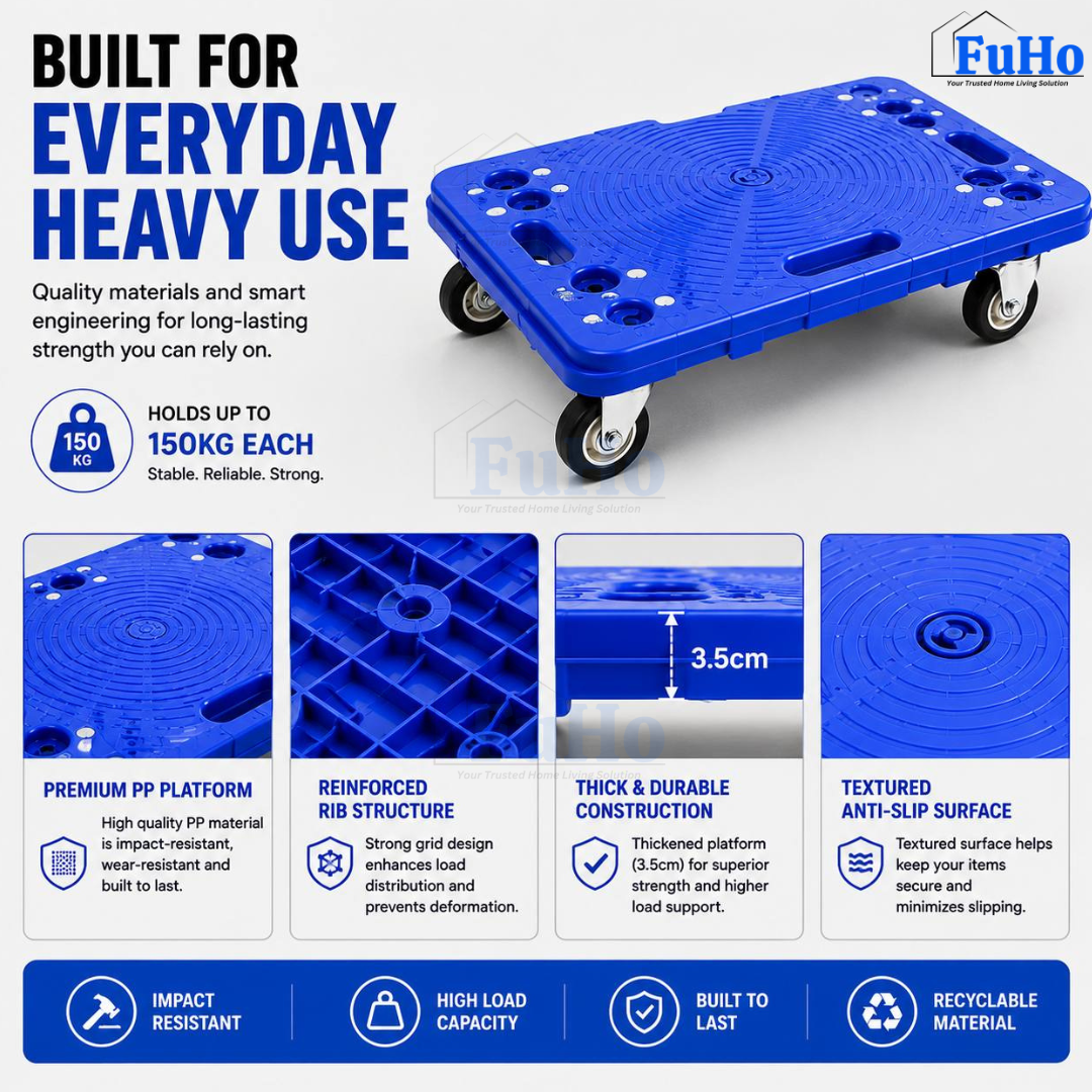 Fuho Industrial Lightweight Flat Trolley (Black, Blue)