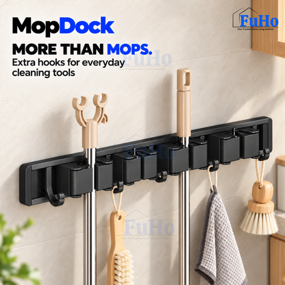 Fuho MopDock Wall-Mounted Broom & Mop Holder (2, 4 or 6 Slots)