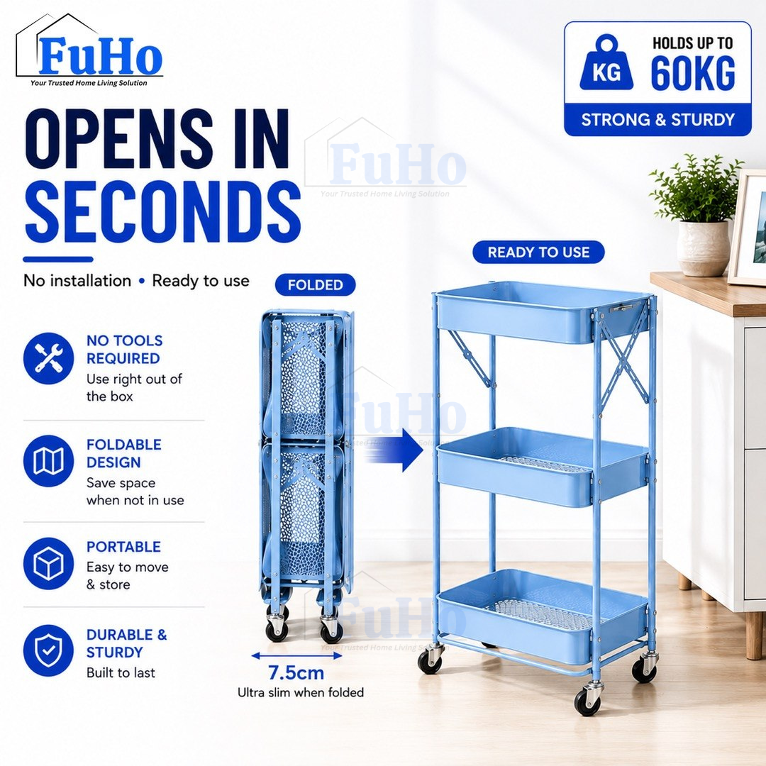 🇸🇬READY STOCK🇸🇬 FuHo Kitchen Foldable Storage Trolley Rack | 3 Level Storage Trolley | Kitchen Racks (HL0225)