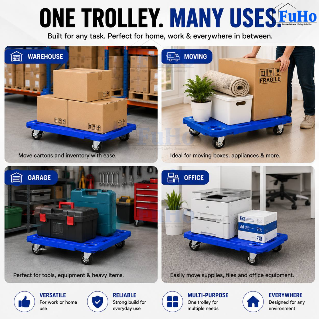 Fuho Industrial Lightweight Flat Trolley (Black, Blue)