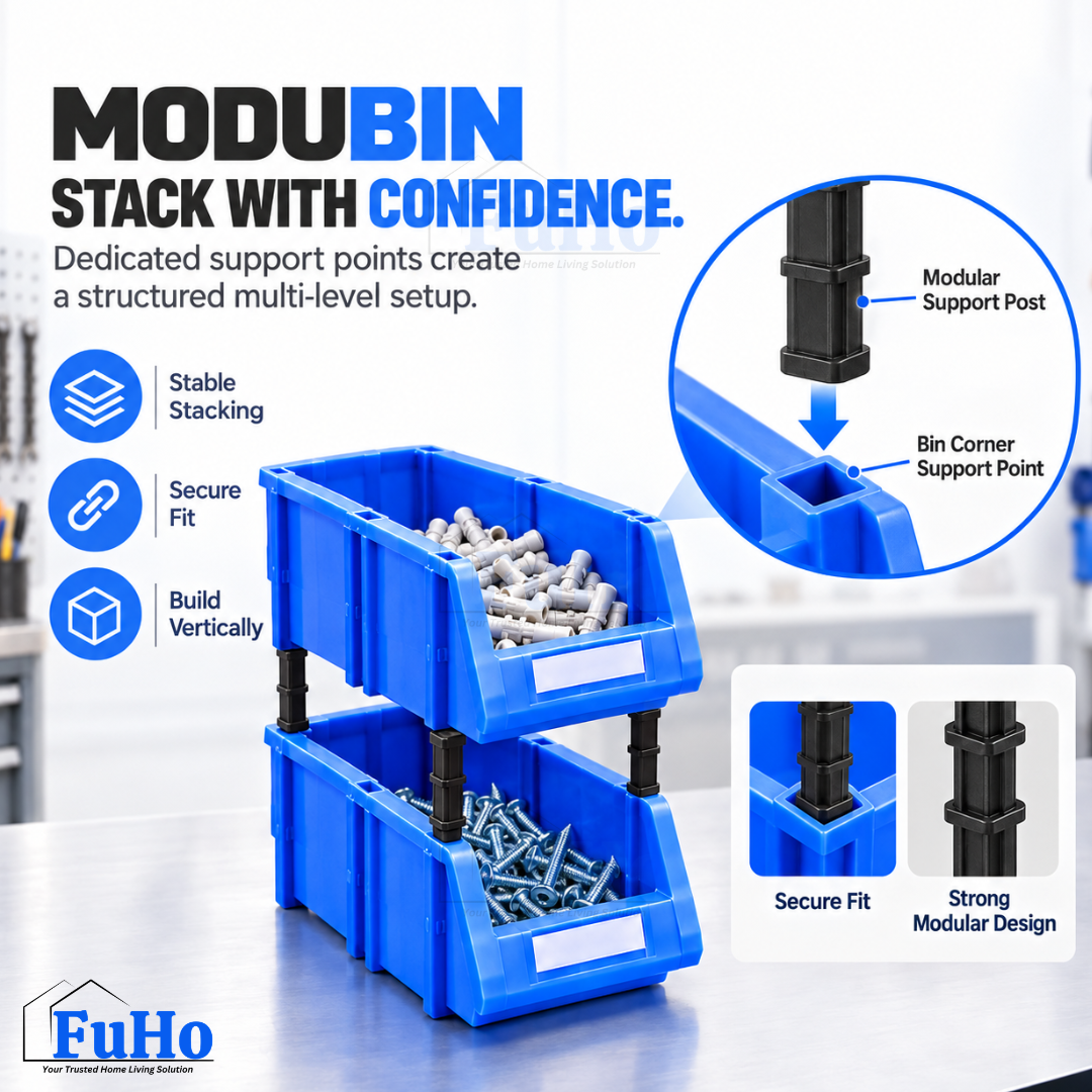 Fuho ModuBin Stackable Open-Front Storage Bin, Heavy-Duty Plastic