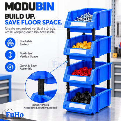 Fuho ModuBin Stackable Open-Front Storage Bin, Heavy-Duty Plastic