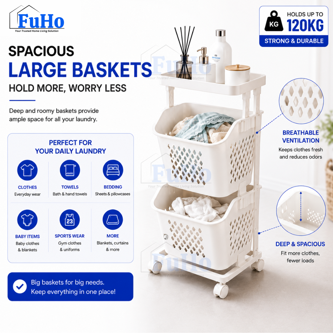 FuHo SortPro Laundry Cart | Collapsible Storage Trolley | Clothes Rack | Clothes Trolley | Laundry Basket (TL0055)