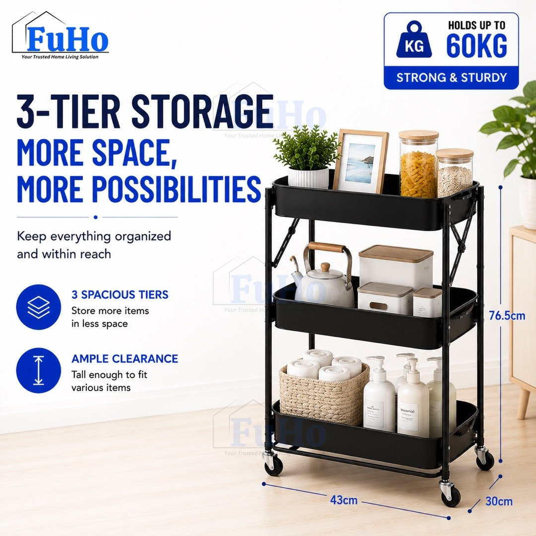 🇸🇬READY STOCK🇸🇬 FuHo Kitchen Foldable Storage Trolley Rack | 3 Level Storage Trolley | Kitchen Racks (HL0225)