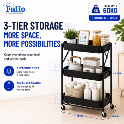 🇸🇬READY STOCK🇸🇬 FuHo Kitchen Foldable Storage Trolley Rack | 3 Level Storage Trolley | Kitchen Racks (HL0225)