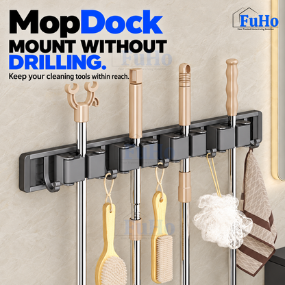 Fuho MopDock Wall-Mounted Broom & Mop Holder (2, 4 or 6 Slots)