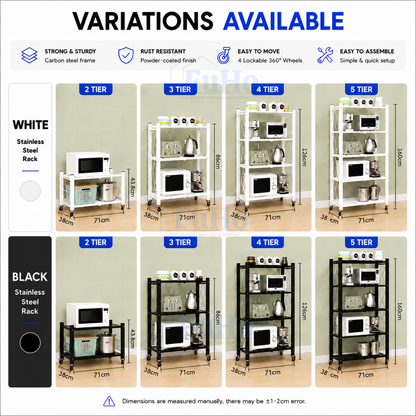Fuho Rolling Kitchen Storage Rack with Adjustable Shelves (2 to 5 Tier)