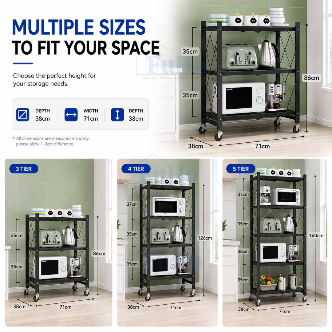 🇸🇬READY STOCK🇸🇬 FuHo Foldable Kitchen Storage Rack With Wheels | Kitchen Shelves | Kitchen Cabinet (KIT0062)