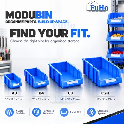 Fuho ModuBin Stackable Open-Front Storage Bin, Heavy-Duty Plastic