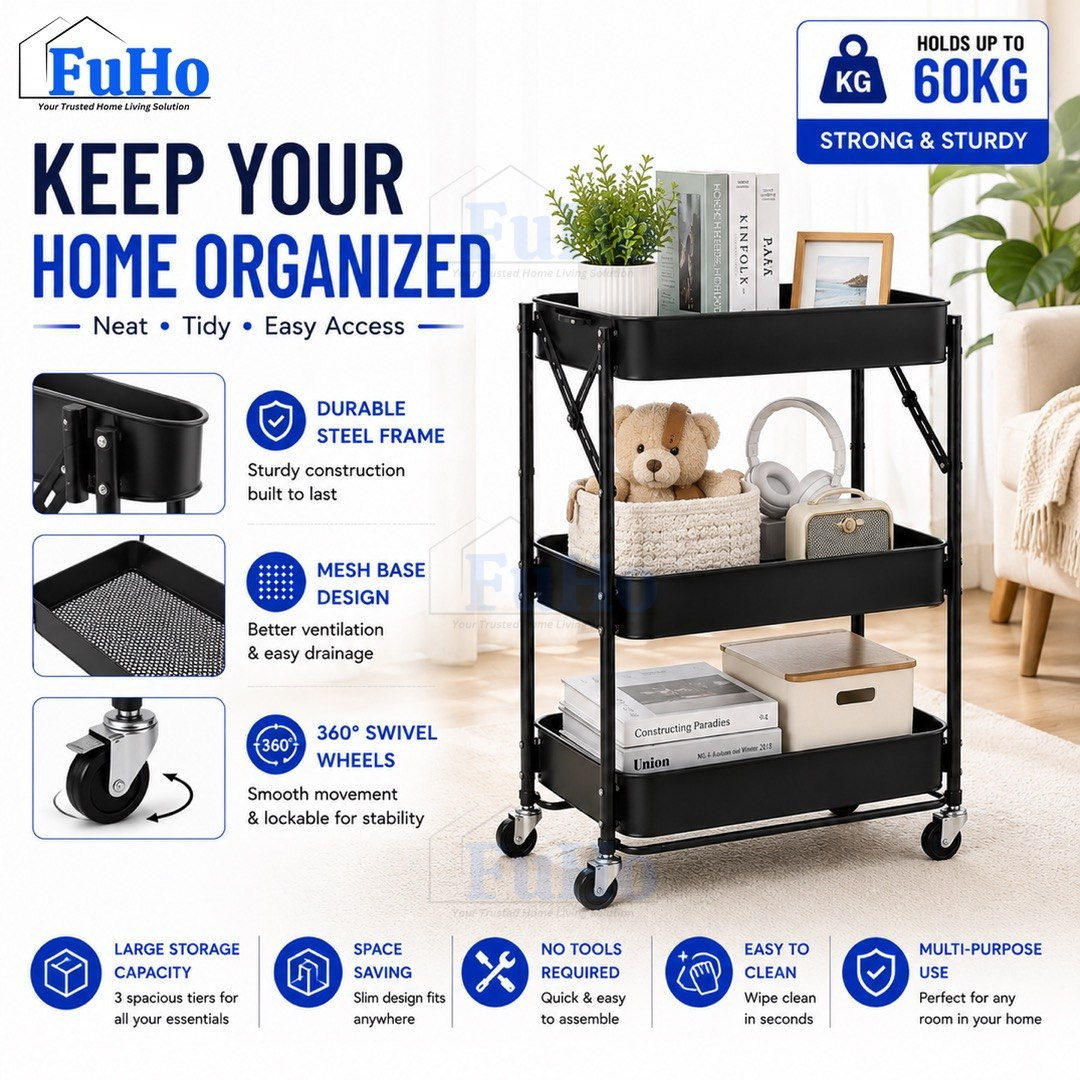 🇸🇬READY STOCK🇸🇬 FuHo Kitchen Foldable Storage Trolley Rack | 3 Level Storage Trolley | Kitchen Racks (HL0225)