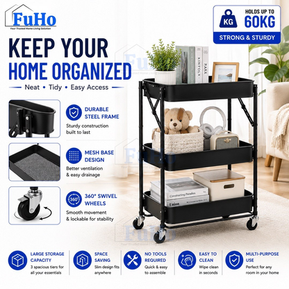 🇸🇬READY STOCK🇸🇬 FuHo Kitchen Foldable Storage Trolley Rack | 3 Level Storage Trolley | Kitchen Racks (HL0225)