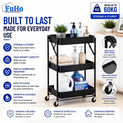🇸🇬READY STOCK🇸🇬 FuHo Kitchen Foldable Storage Trolley Rack | 3 Level Storage Trolley | Kitchen Racks (HL0225)