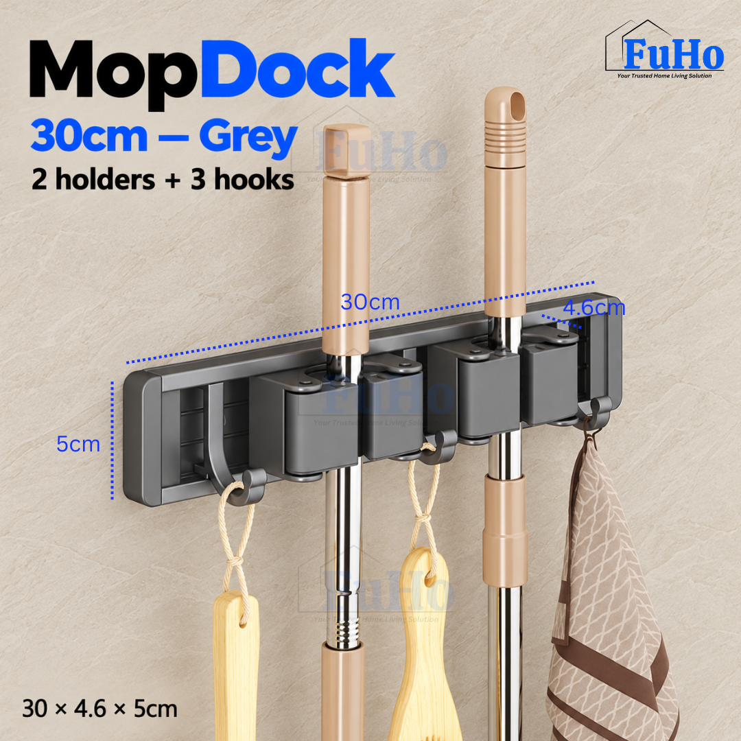 Fuho MopDock Wall-Mounted Broom & Mop Holder (2, 4 or 6 Slots)