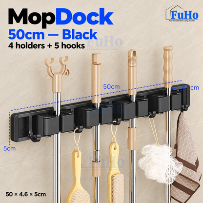 Fuho MopDock Wall-Mounted Broom & Mop Holder (2, 4 or 6 Slots)